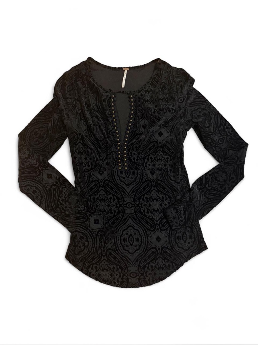 Free People Velvet City Limits Black Long-Sleeve Velvet Burnout Top